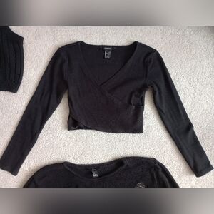 Black Ribbed Wrap Top